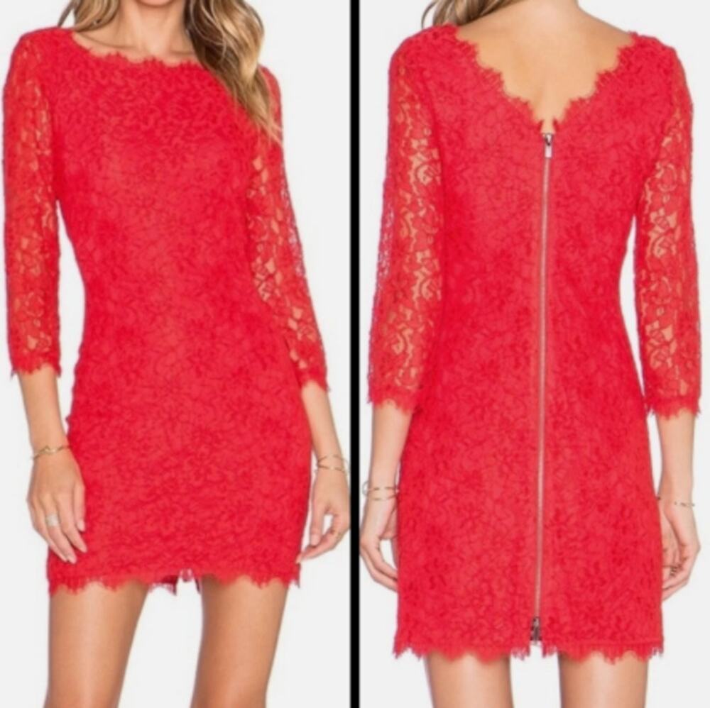 Diane Von Furstenberg Zarita red floral lace dress long sleeve silk blend 8